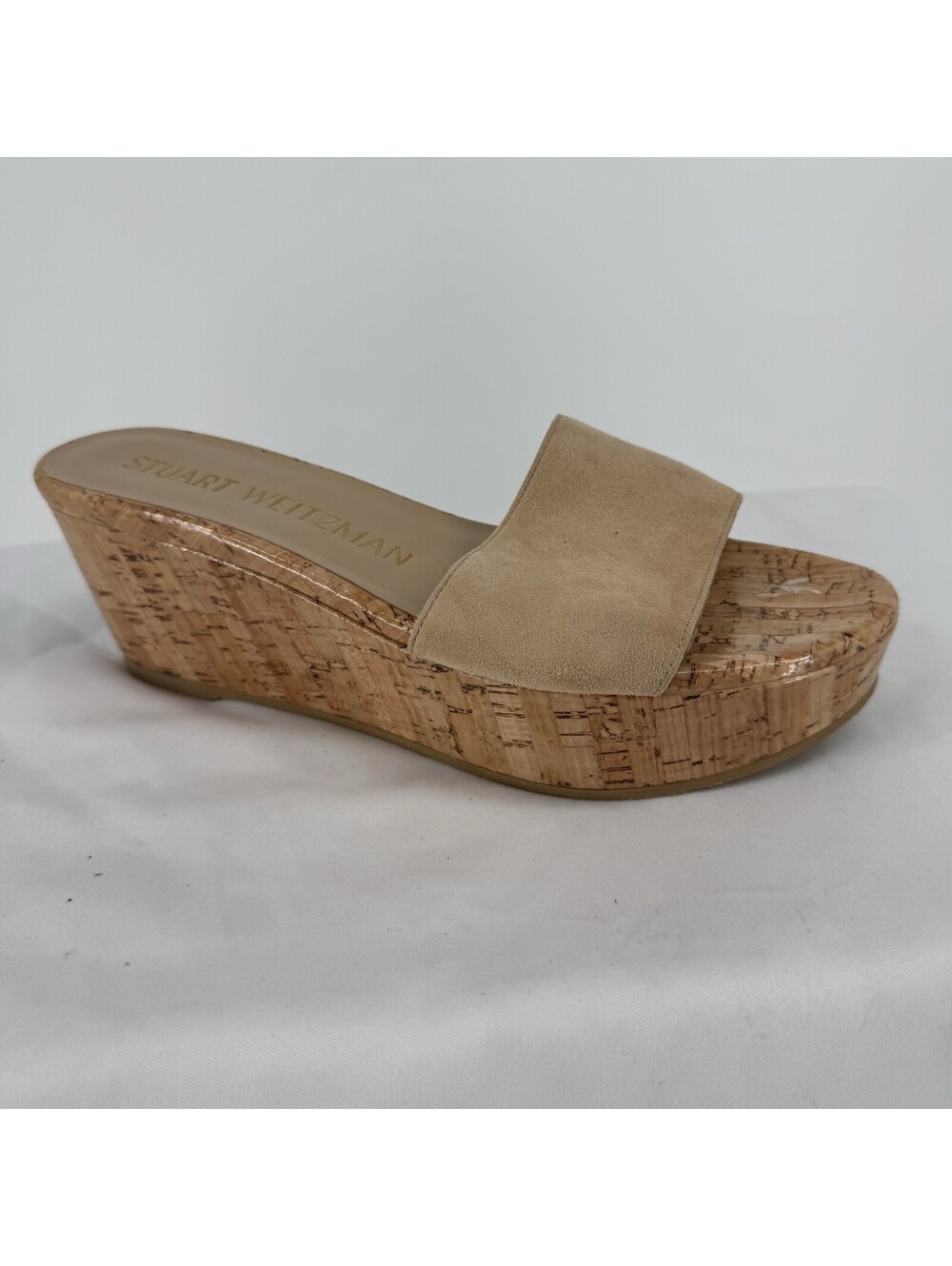 Stuart Weitzman sandals 7 tan suede cork wedge platform slide open toe neutral
